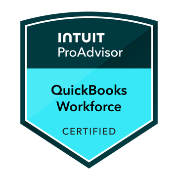 Intuit ProAdvisor badge: QuickBooks Workforce Certified, the payroll certification